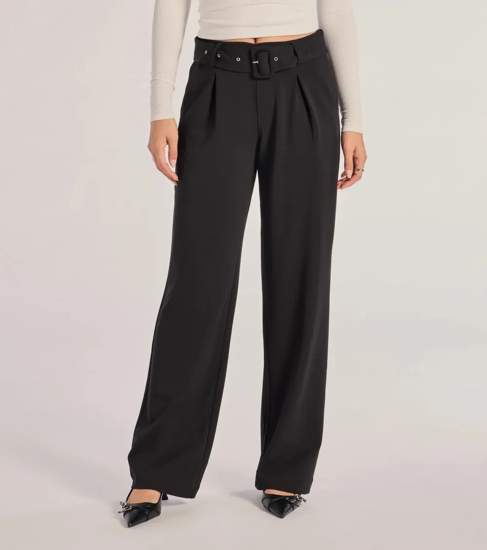 Sleek Impression Belted Straight-Leg Trouser Pants