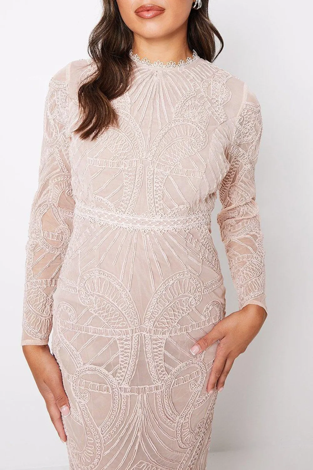 Hand Embroidered Long Sleeve Midi Dress