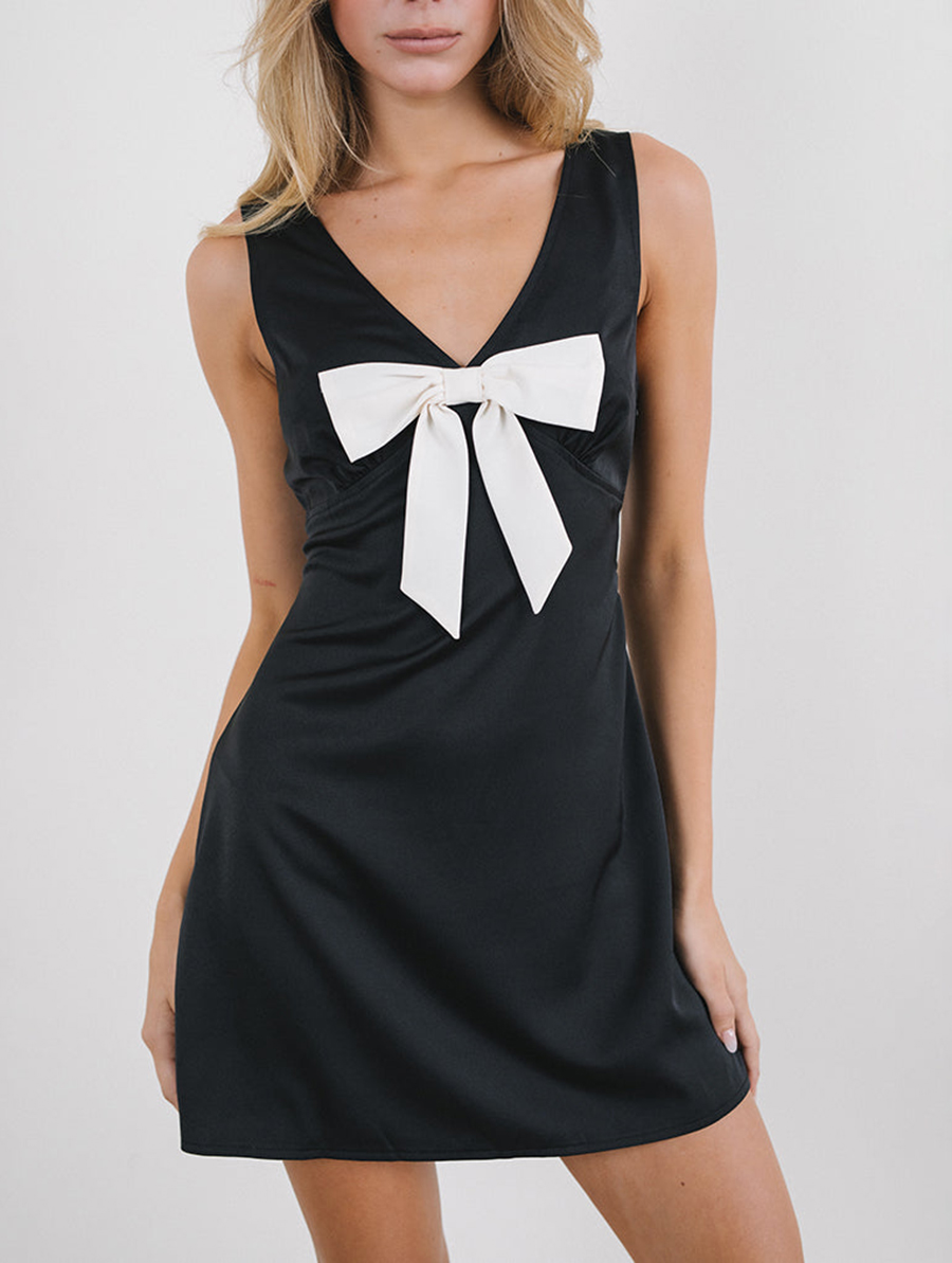 Faradiba Mini Dress In Satin Black With Ivory Bow