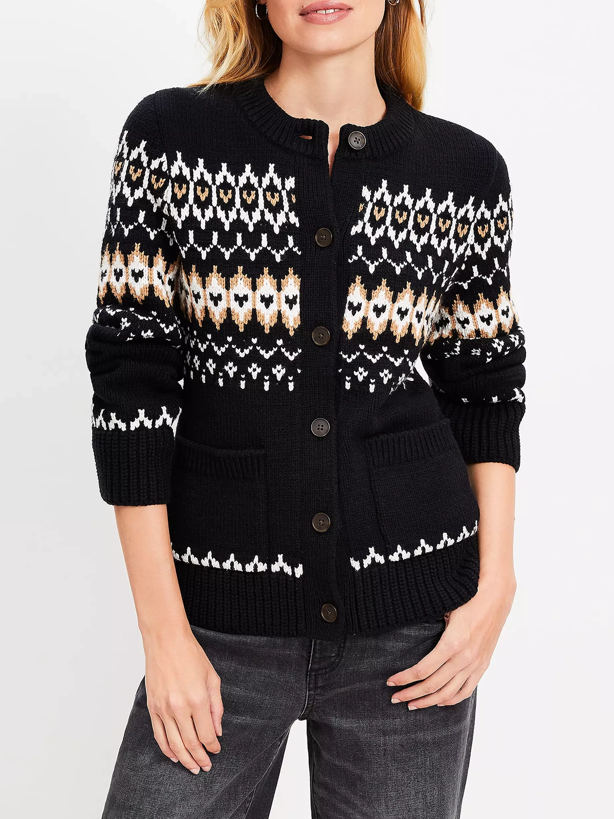 Fair Isle Waisted Patch Pocket Cardigan