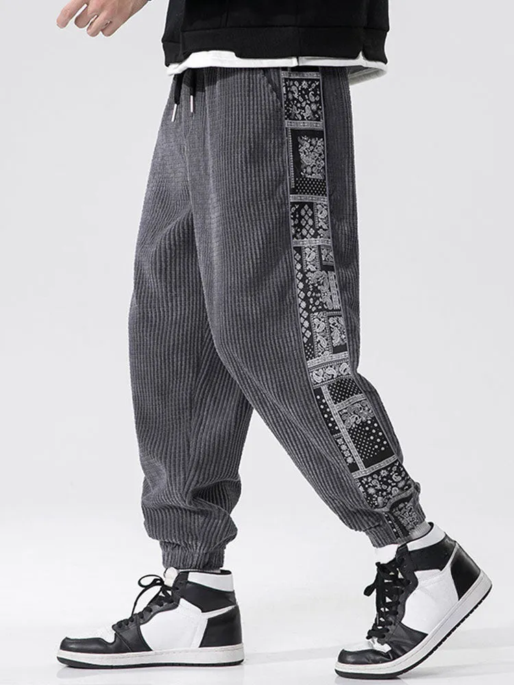 Corduroy Paisley Print Panel Pants