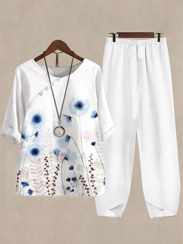 Women's Shirt Pants Sets Floral White Pink Blue Print Short Sleeve Casual Daily Daily Basic Crew Neck Regular Fit Fall & Winter
