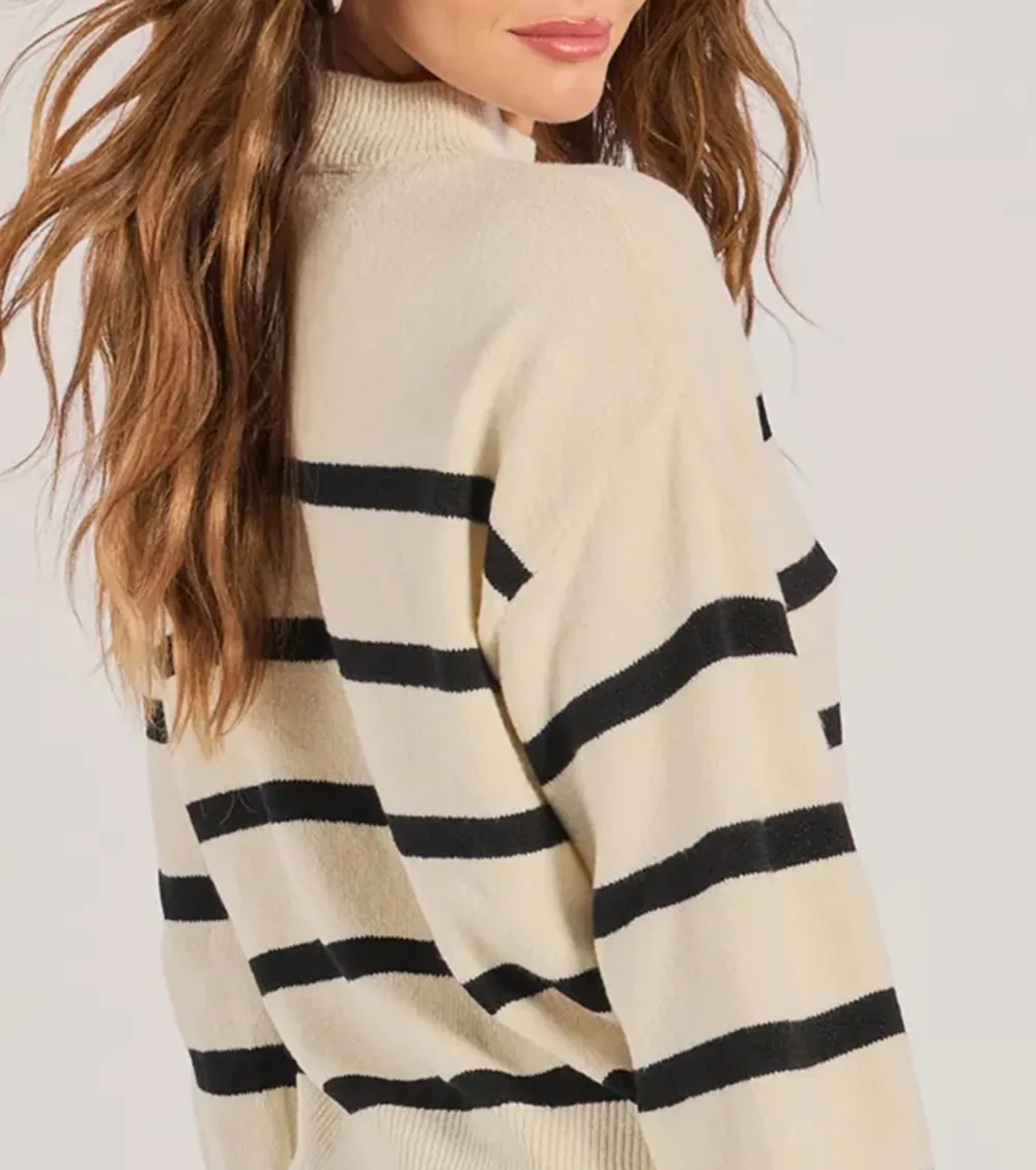 Preppy Casual Striped Knit Mock Neck Sweater