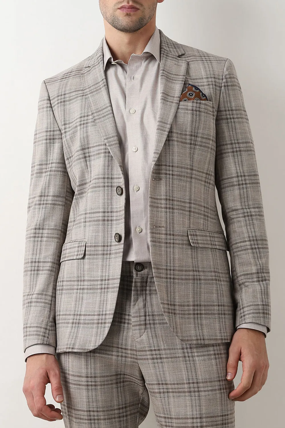 Light Brown Check Suit-Set Blazer