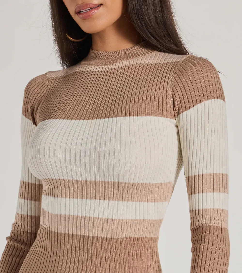 Modern Stripes Ribbed Knit Long Sleeve Mini Dress