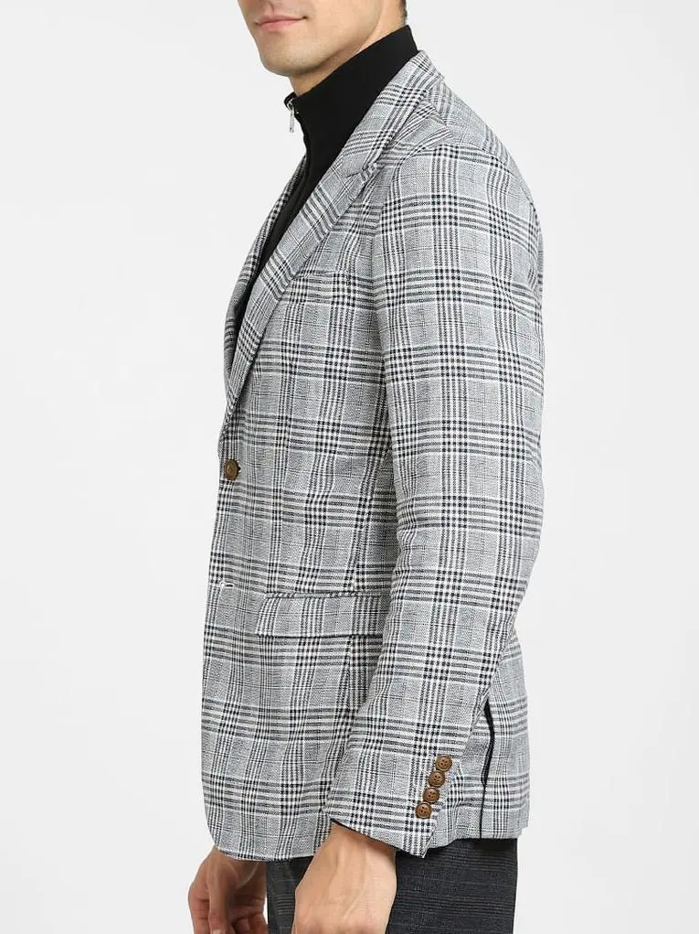 Dark Blue Check Print Linen Blazer