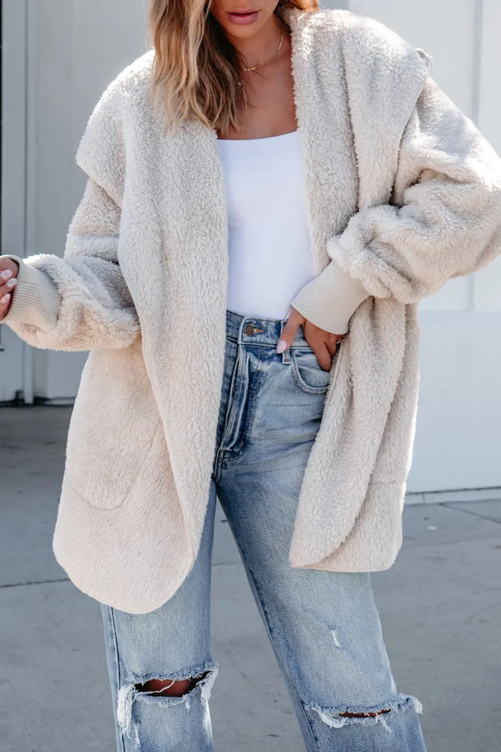 Teddy Fleece Hooded Cardigan - Cream