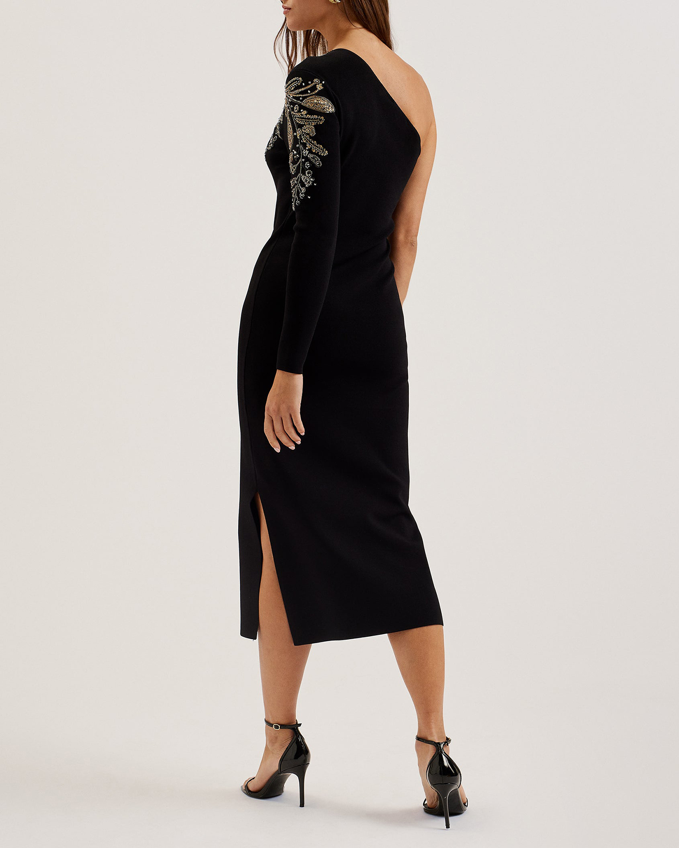 One Shoulder Bodycon Beaded Dress Black