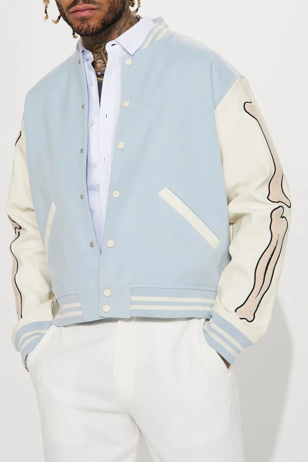 Bone Applique Varsity Bomber Jacket - Light Blue