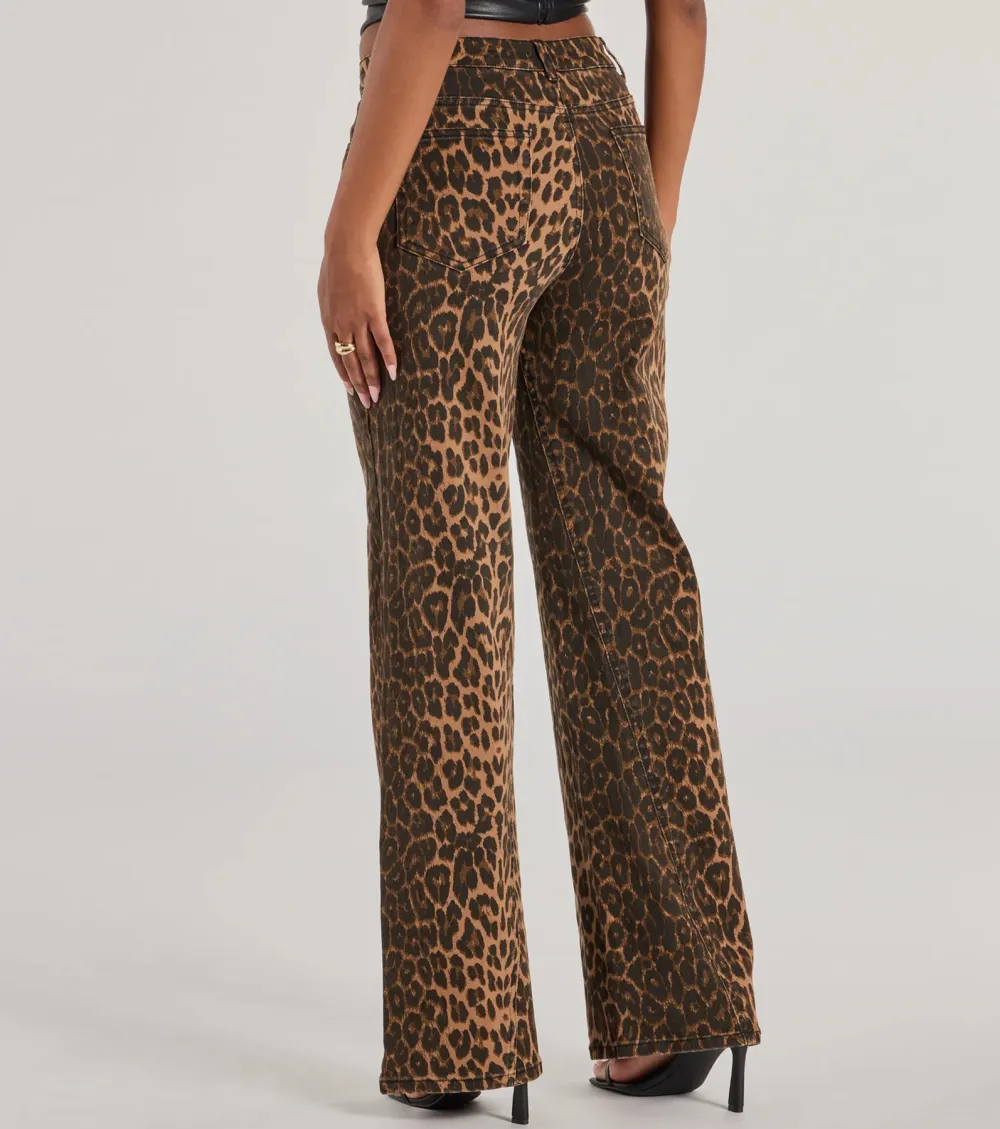 Fierce Aura Wide Leg Leopard Print Denim Jeans