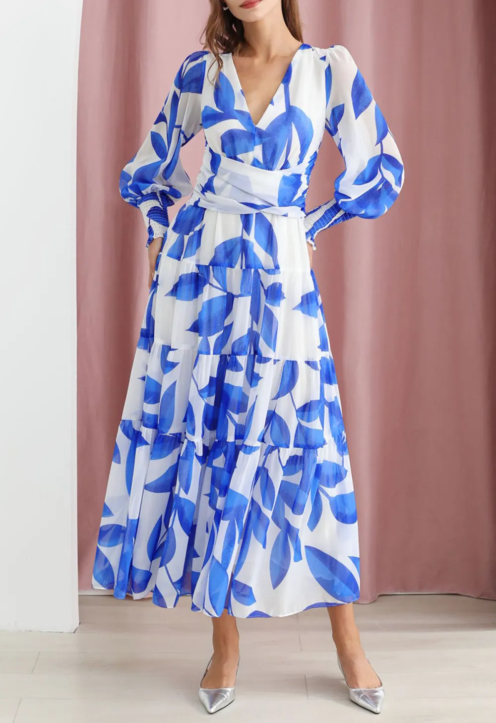 BLUE LEAF CRISSCROSS WAIST CHIFFON MAXI DRESS