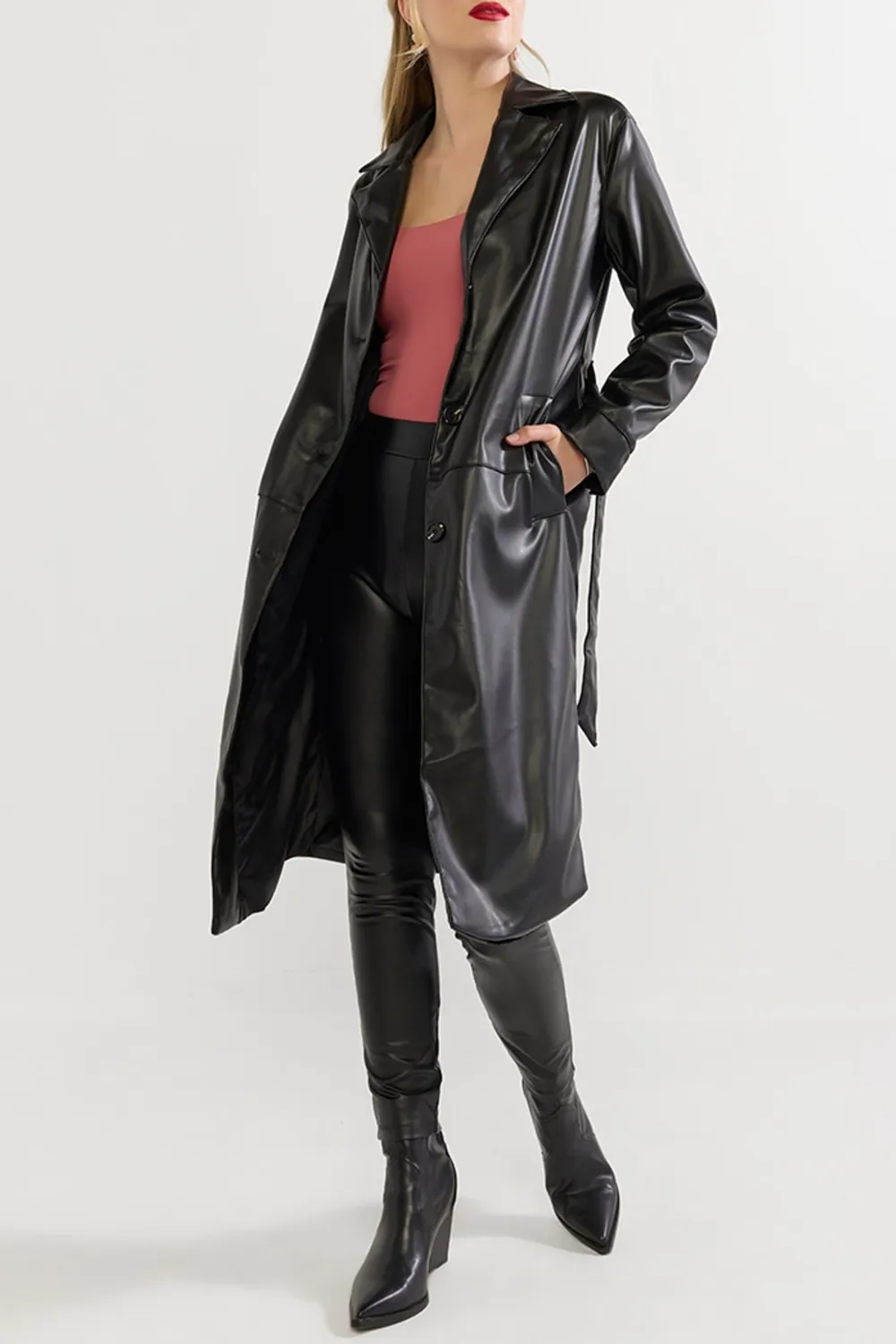 Lacy Long Faux Leather Trench Coat