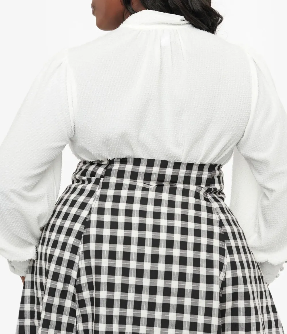 Unique Vintage Plus Size 1940s White Clip Dot Long Sleeve Bow Blouse