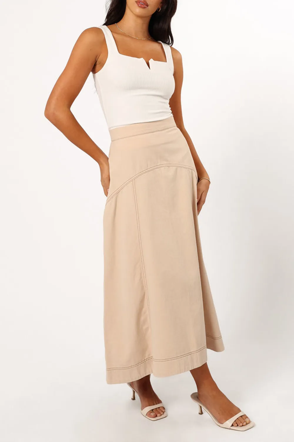 MARIELA DENIM MIDI SKIRT - SAND