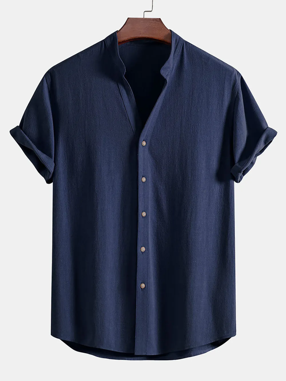 Short Sleeve Linen Rayon Blend Stand Collar Shirt