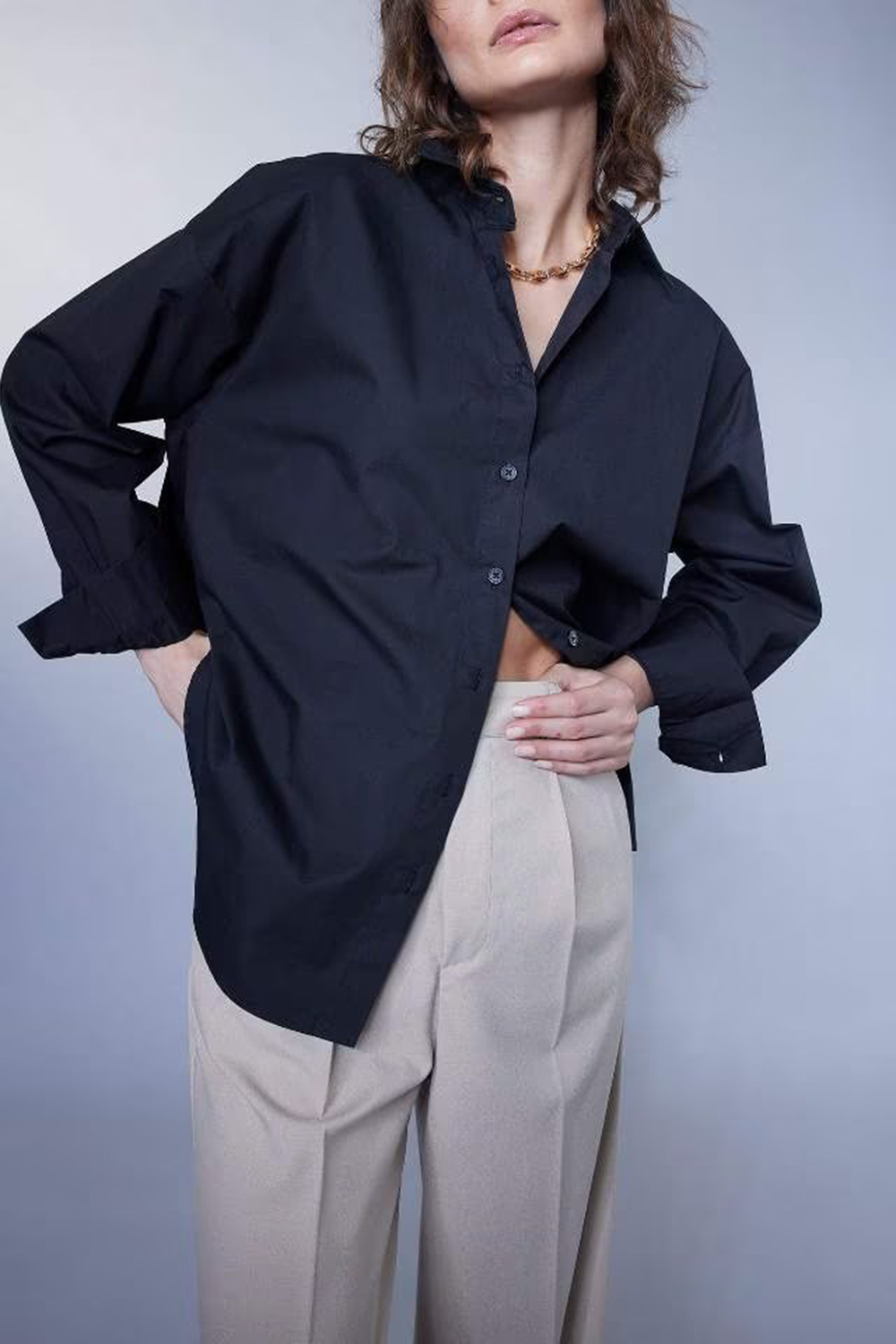 Oversize Fit Shirt Collar Poplin Long Sleeve Shirt