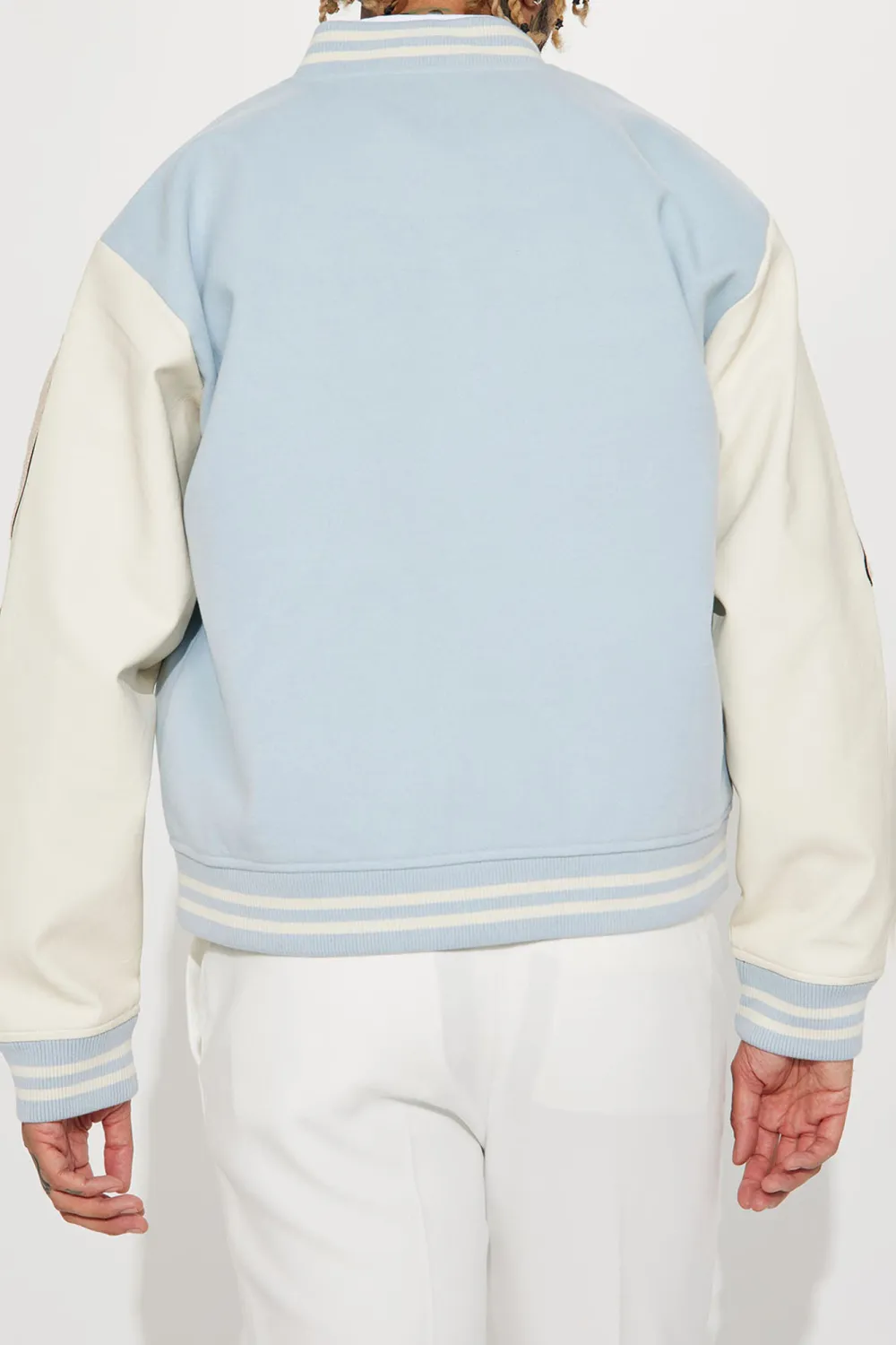 Bone Applique Varsity Bomber Jacket - Light Blue