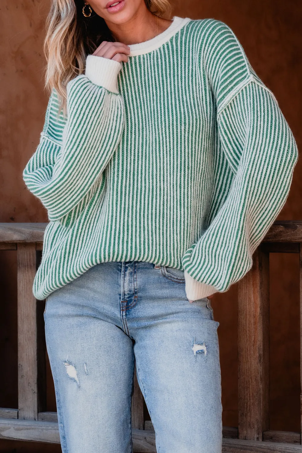 Green Striped Seam Detail Sweater