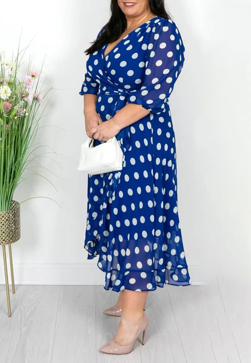 Royal Polka Dot Faux Wrap Dress