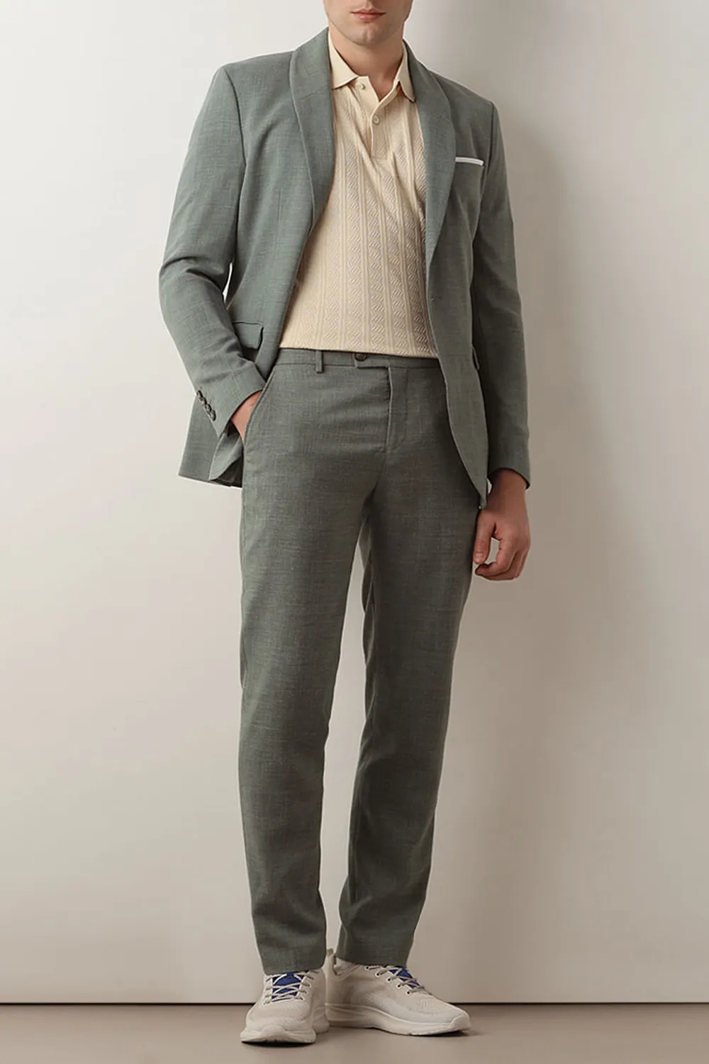 Green Linen Single Breasted Suit-Set Blazer