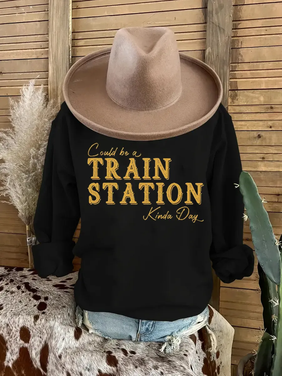 Western graphic train station slogan sweatshirt