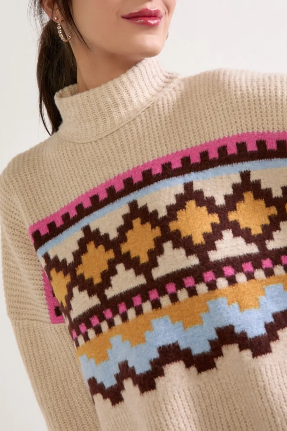 Emma Mock Neck Fairisle Front Sweater