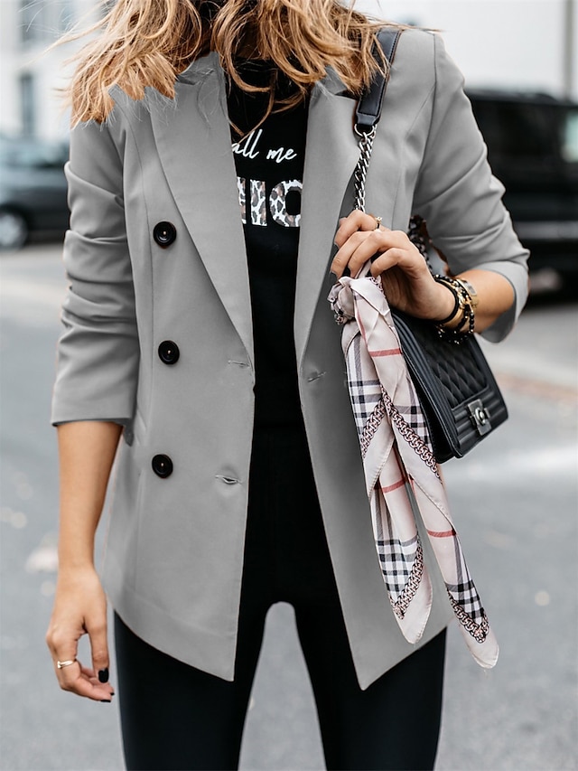 Women's Blazer Outdoor Button Solid Color Warm Fashion Regular Fit Outerwear Long Sleeve Fall Light Blue S
