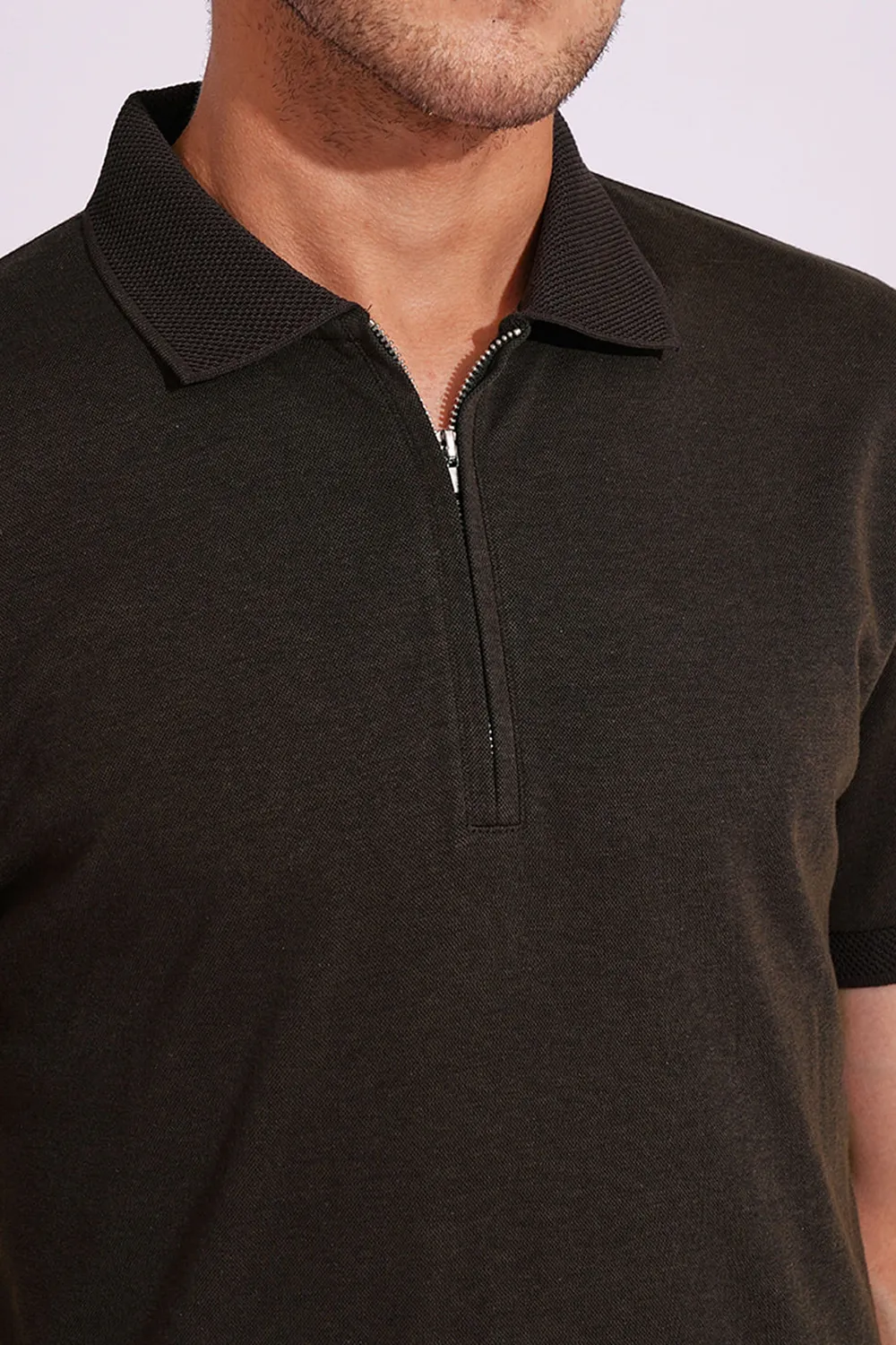 Brown Organic Cotton Zipped Polo