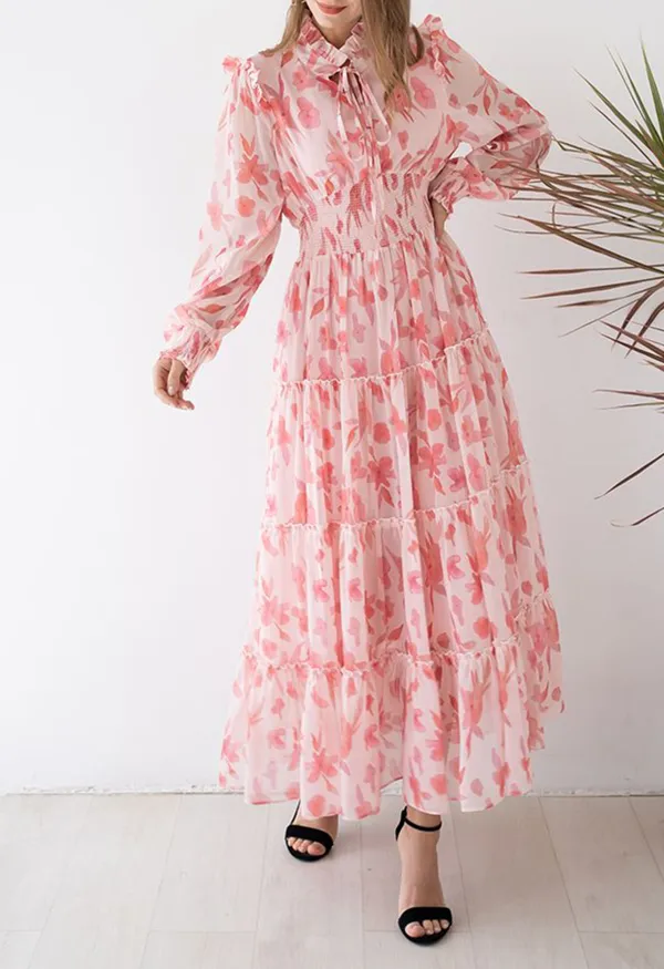 DARLING BLUSH PINK FLORAL TIE NECK MAXI DRESS