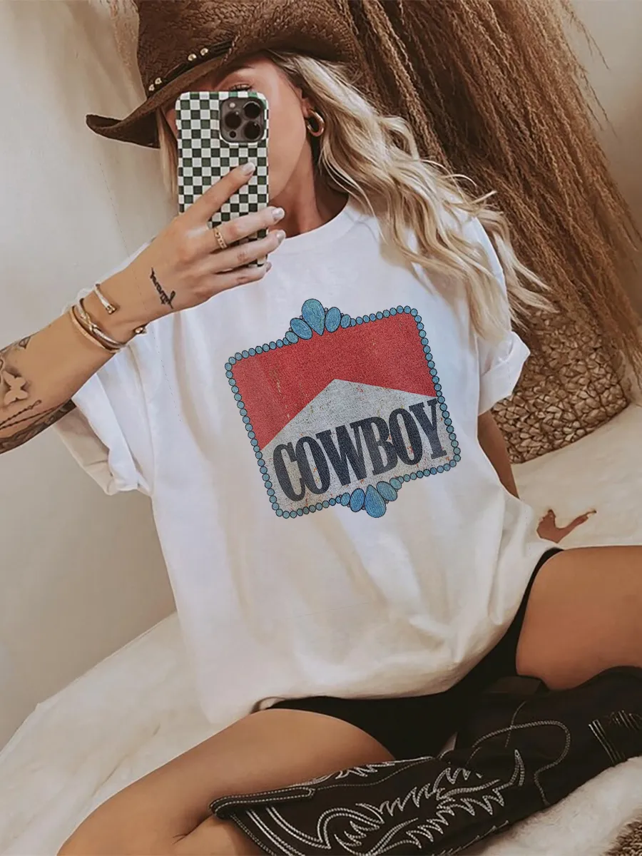 Retro Western Cowboy Letter Pattern Printed Round Neck T-shirt