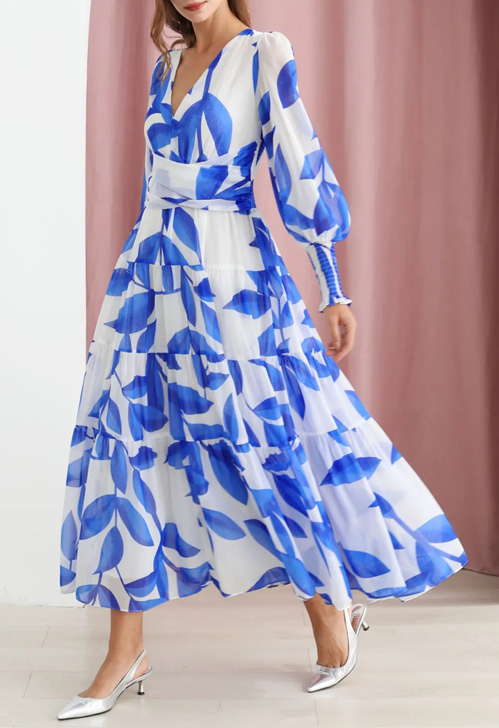 BLUE LEAF CRISSCROSS WAIST CHIFFON MAXI DRESS