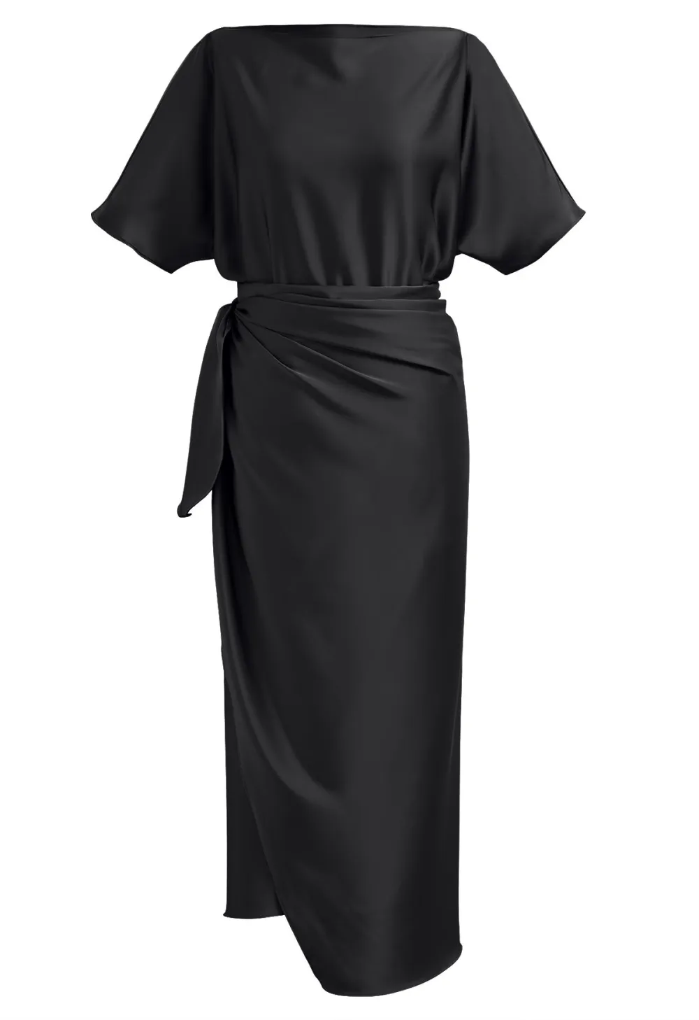 SATIN SHORT-SLEEVE WRAPPED WAIST MAXI DRESS IN BLACK