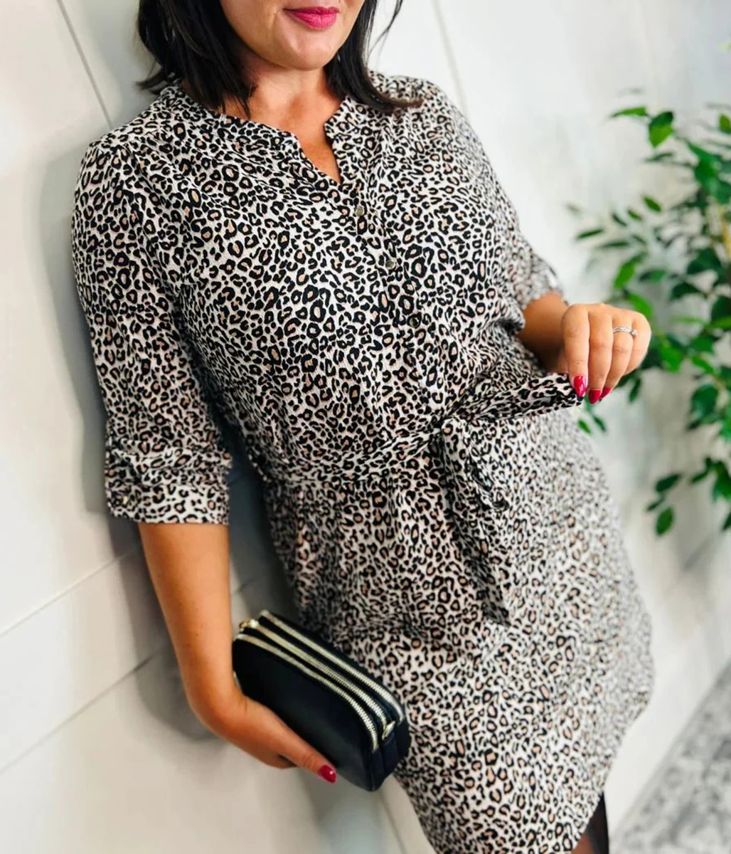 Leopard Print Belted Shirt Dress