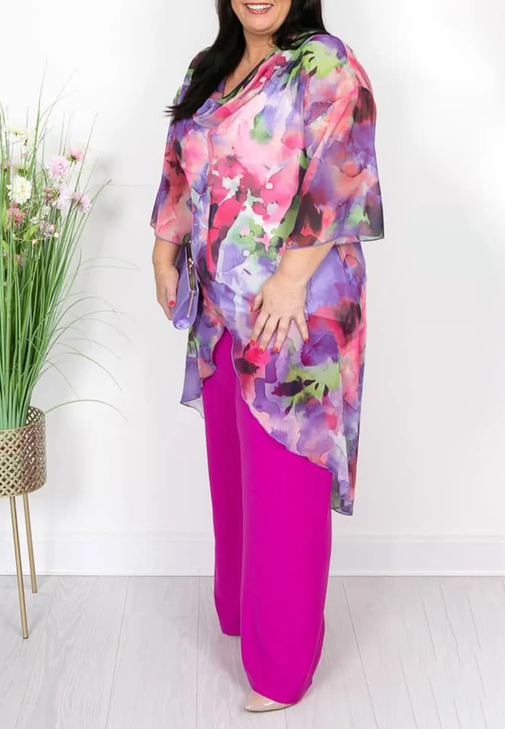 Purple Pink Print Draped Collar Blouse