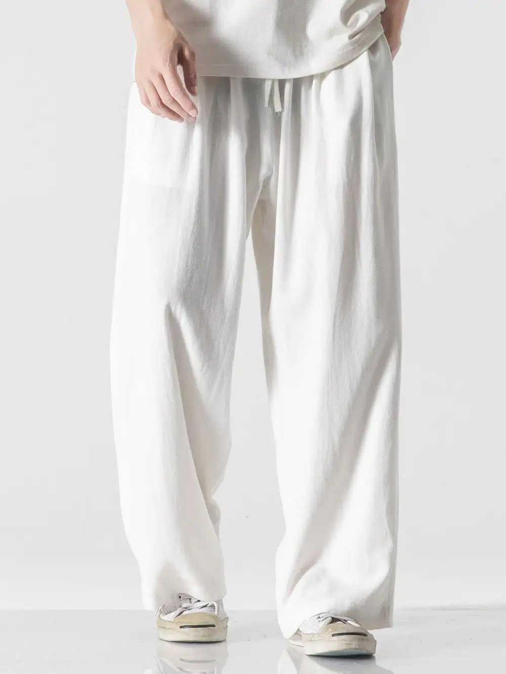 Linen And Cotton Blend Relax Fit Wide Leg Pants