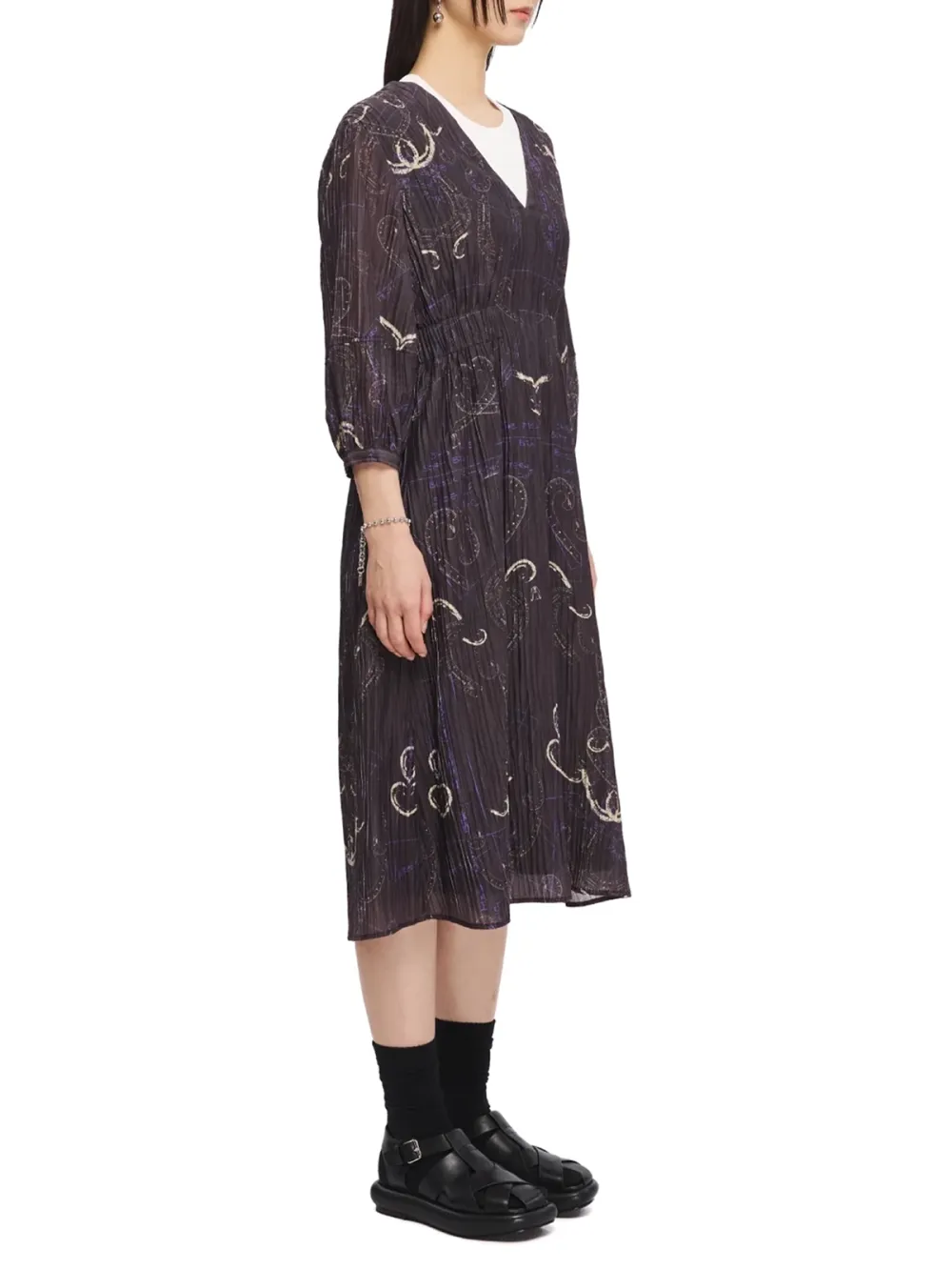 French Curve Ruler Print Puff-Sleeves Dress