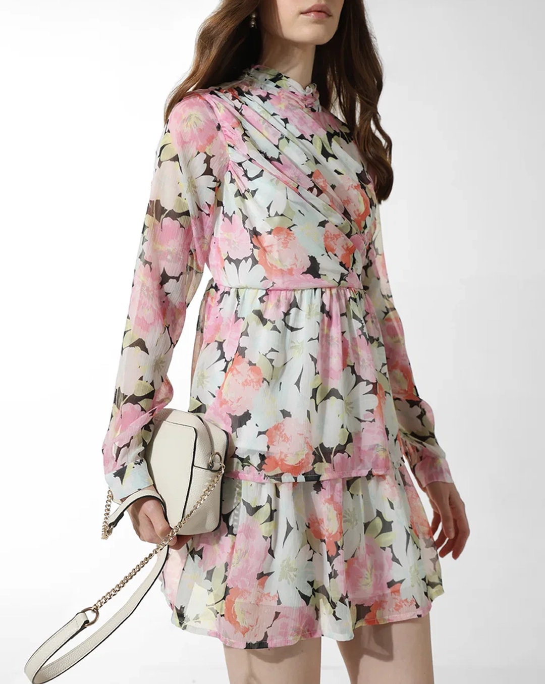 White Floral High Neck Short Dress