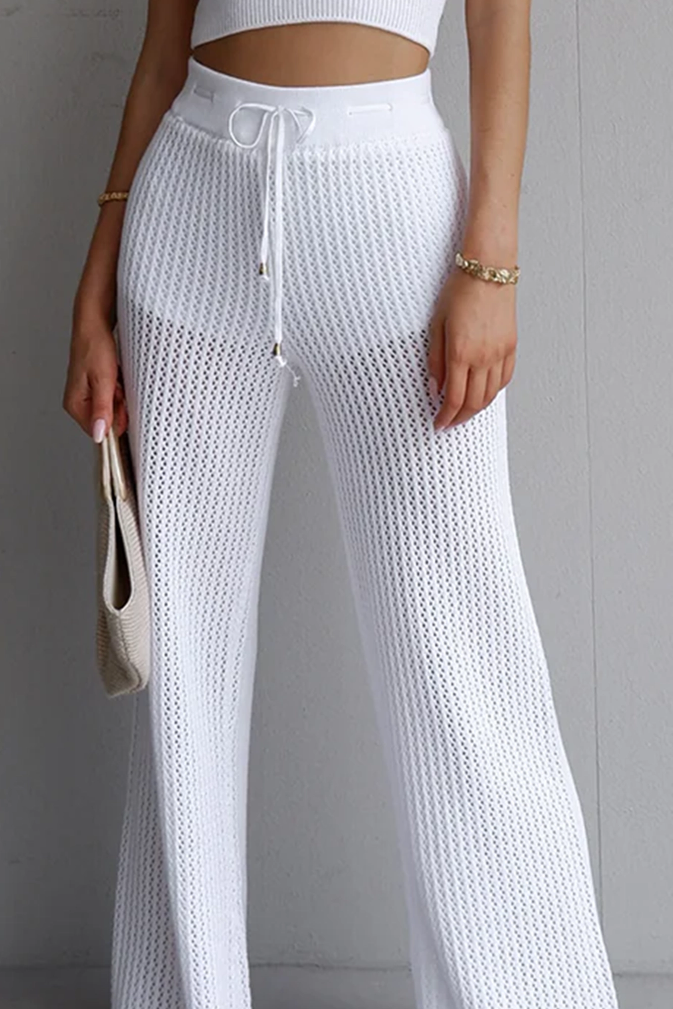 White Knit Stretch Wide Leg Pants