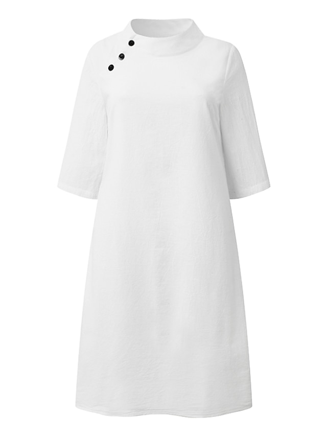 Women‘s Cotton Linen Dress Shirt Dress Casual Dress Shift Dress Midi Dress Cotton Blend Fashion Basic Outdoor Daily Vacation Stand Collar Button Half Sleeve Summer Spring 2023 Black White Blue Plain