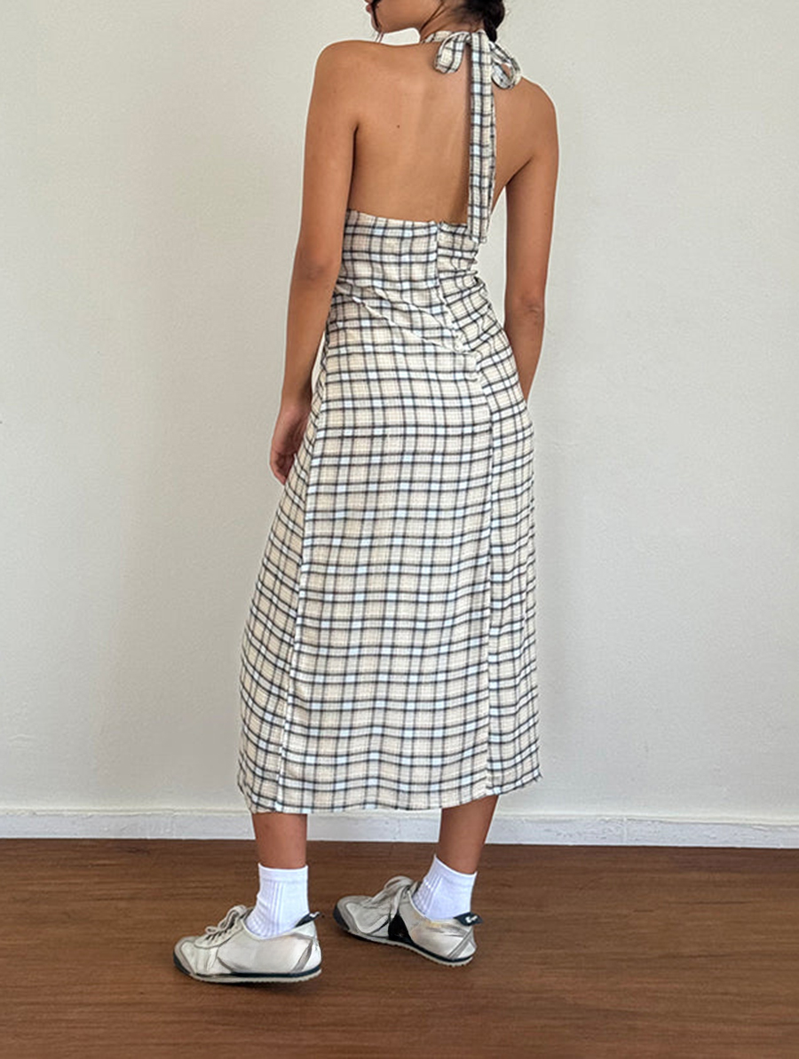 Lenata Halterneck Midi Dress In Pastel Blue Tartan