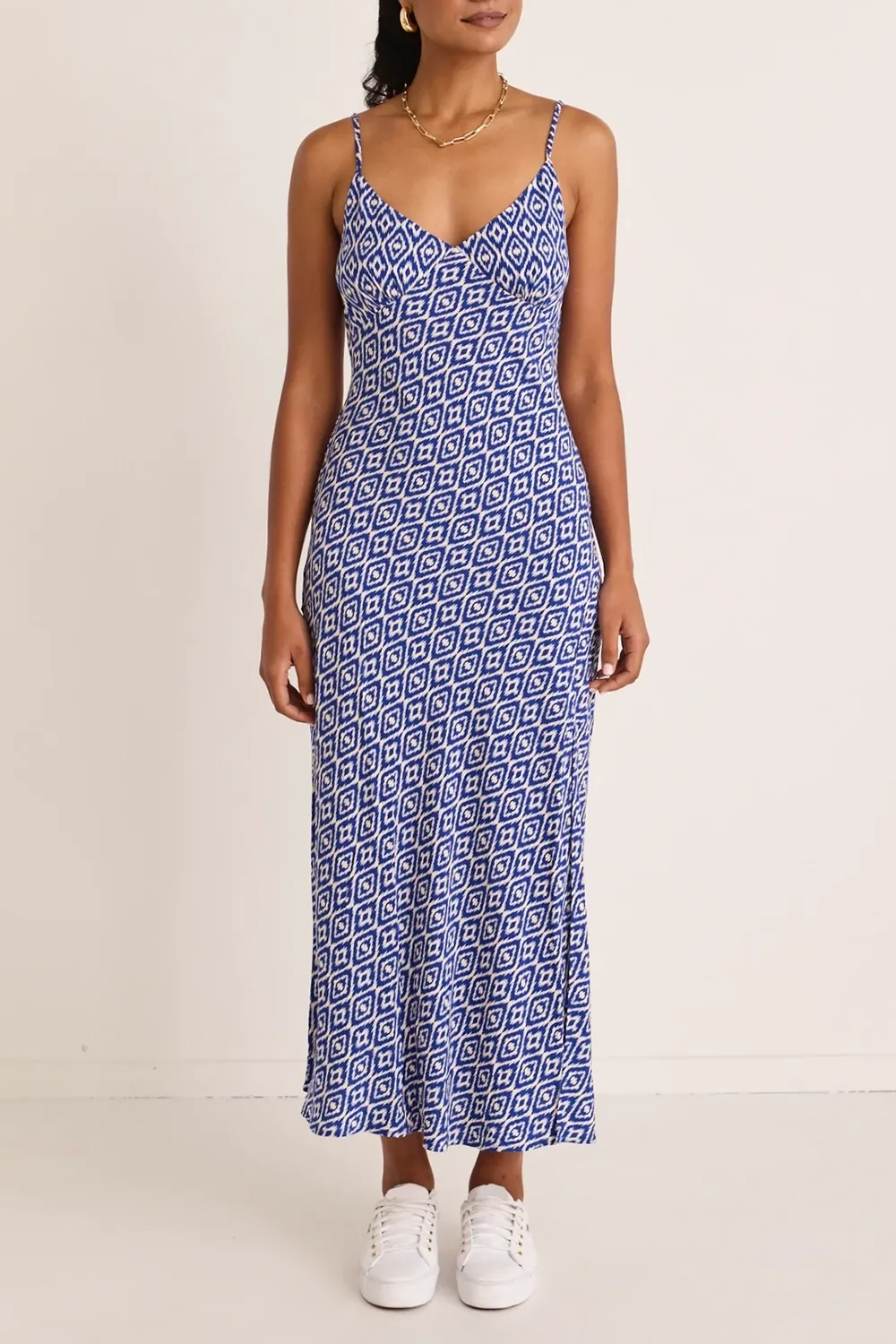 Otherworldly Electric Blue Batik Bias Slip Midi Dress