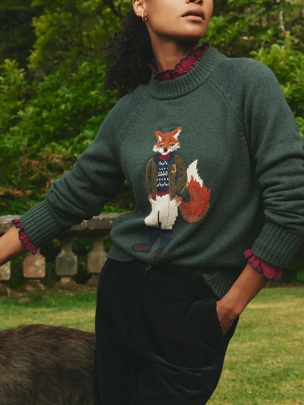 Jonty Dark Green Intarsia Fox Knit Jumper