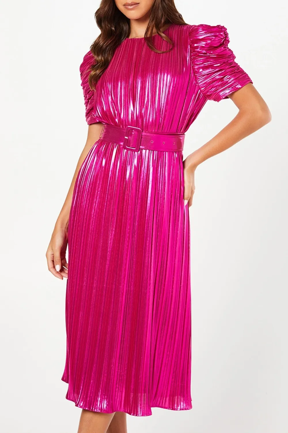 Metallic Pleated Puff Sleeve Midi Dress