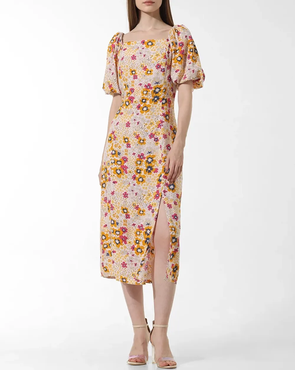 Yellow Floral Print Midi Dress