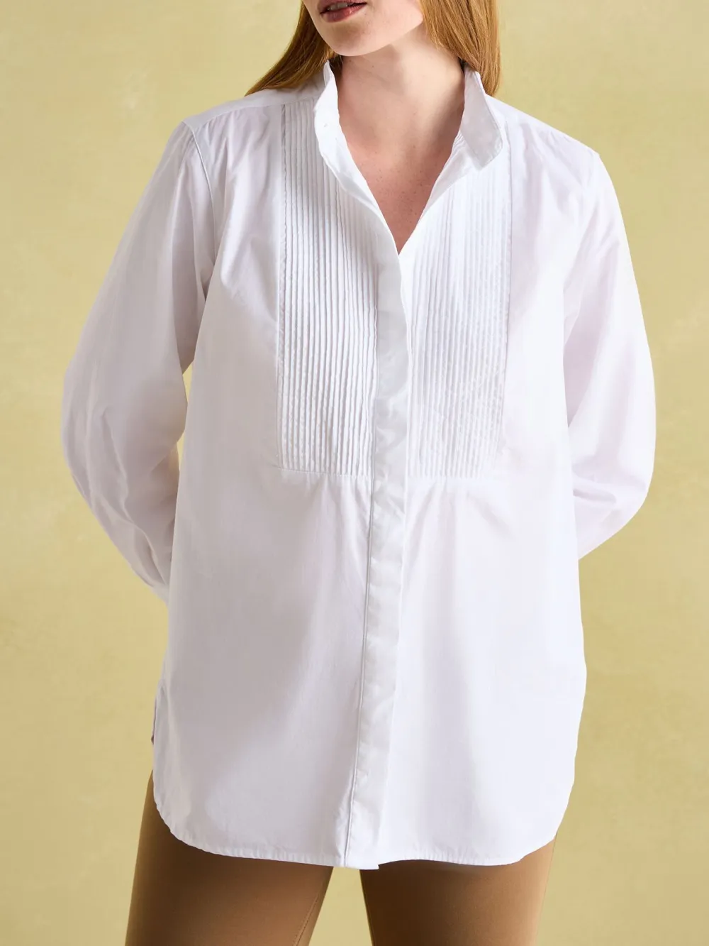 Long Sleeve Adeline White Pleated Tuxedo-Style Shirt