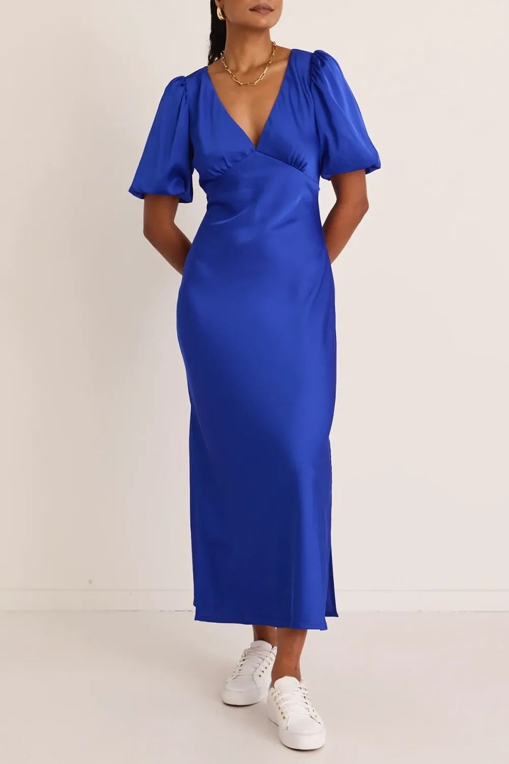 Aura Electric Blue Puff Sleeve Bias Maxi Dress