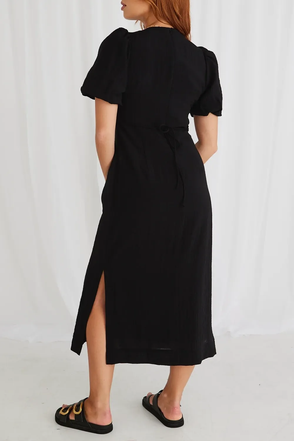 Elder Black Puff Sleeve Tie Midi Dress