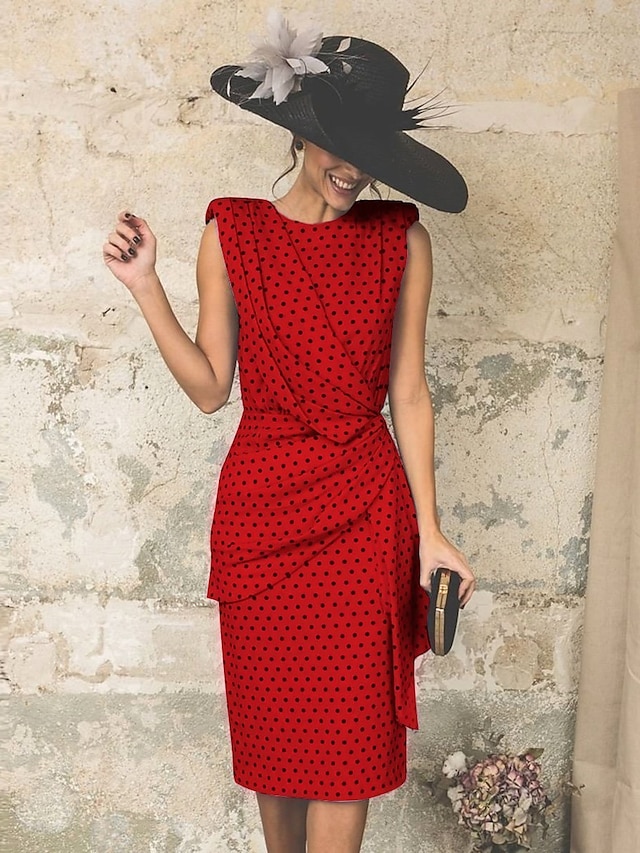 Women's Sheath Dress Knee Length Dress White Pink Red Light Blue Sleeveless Polka Dot Print Ruched Spring Summer Round Neck Elegant Casual Vintage Party 2023 S M L XL XXL 3XL / Sexy