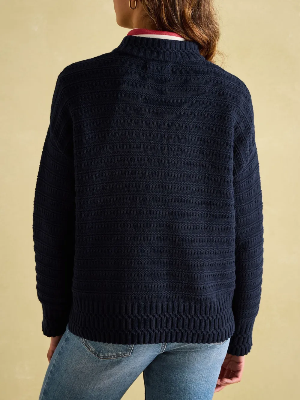 Navy Blue Crew Neck Textured Jumper Contains Merino Wool