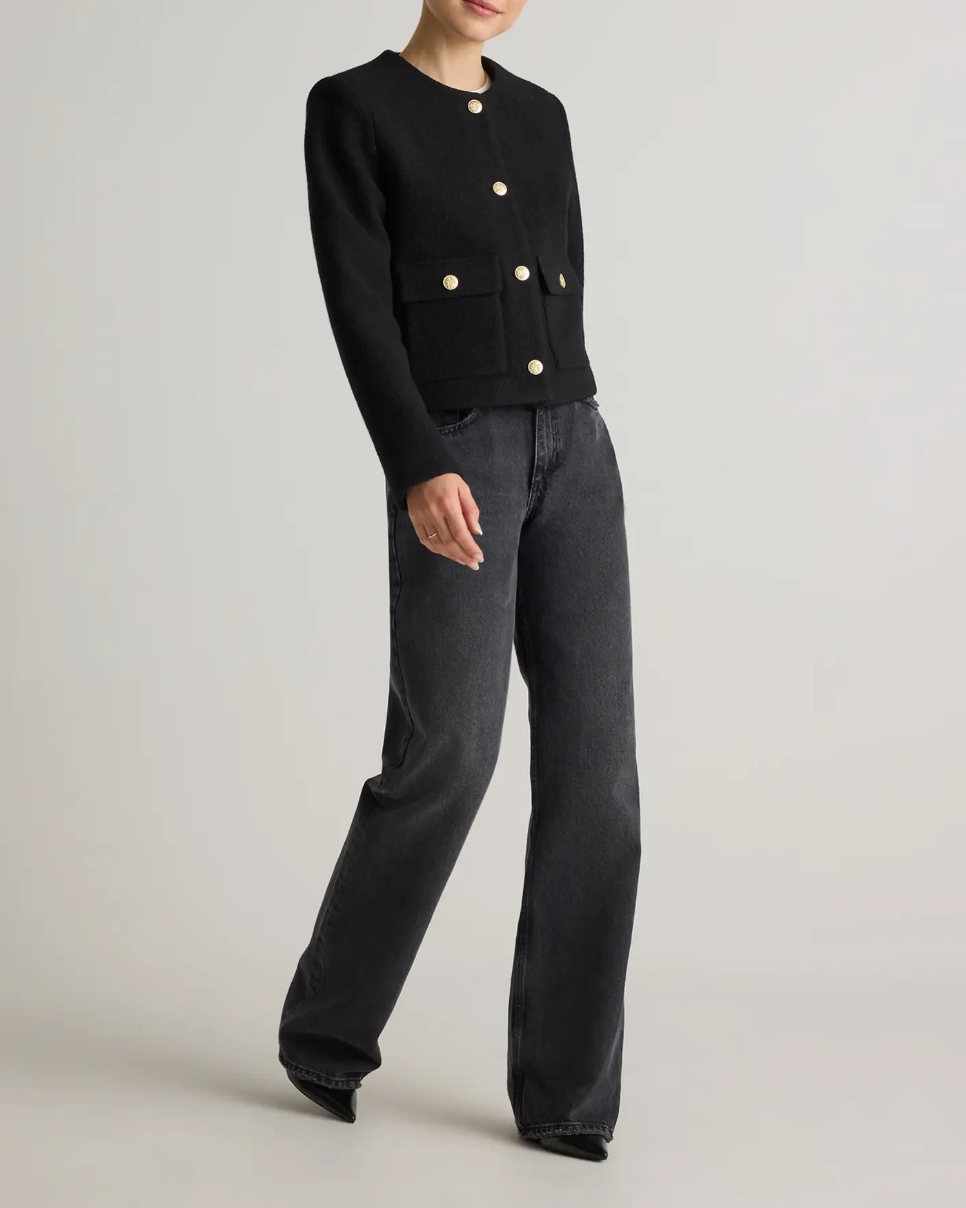 Collarless Cropped 100% Merino Wool Jacket